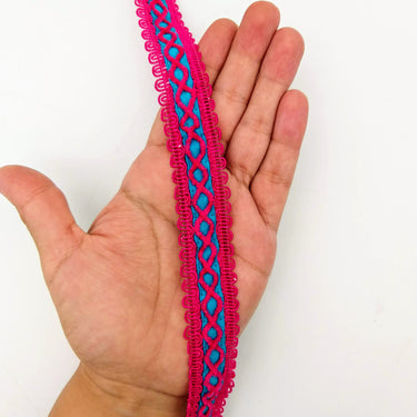Blue Cotton Fabric Lace Trim with Dark Pink Thread Embroidery, Trim By 3 Yards, Craft Decorative Ribbon